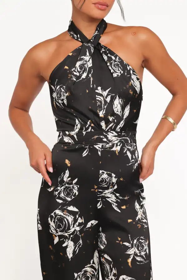 Halter Open-Back Wide-Leg Sleeveless Floral Jumpsuit