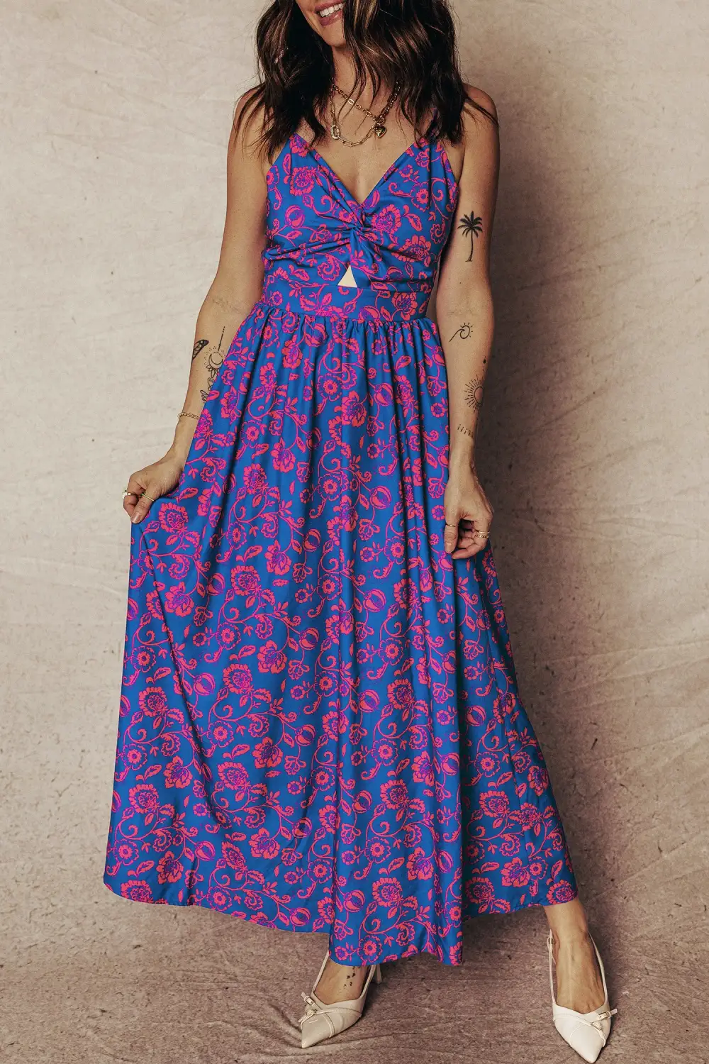 Floral Print Twisted V Neck Tied Backless Maxi Dress