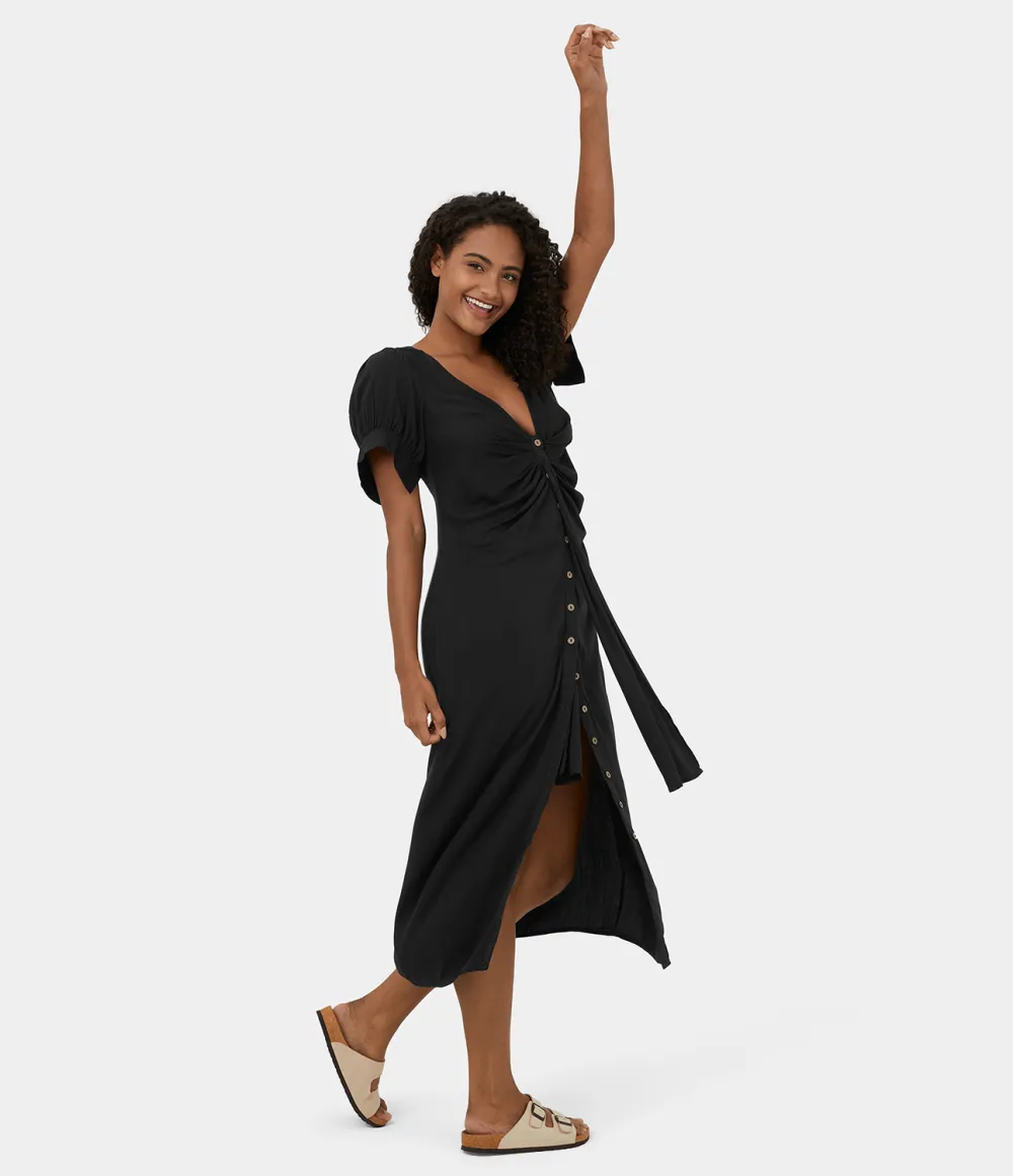 Deep V Neck Bishop Sleeve Button Tie Front Ruched Midi Casual Dress