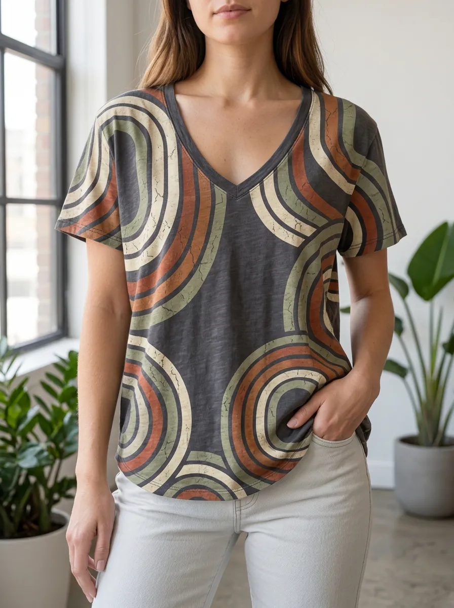 Women's Retro Abstract Circle Pattern Printed V-Neck T-Shirt
