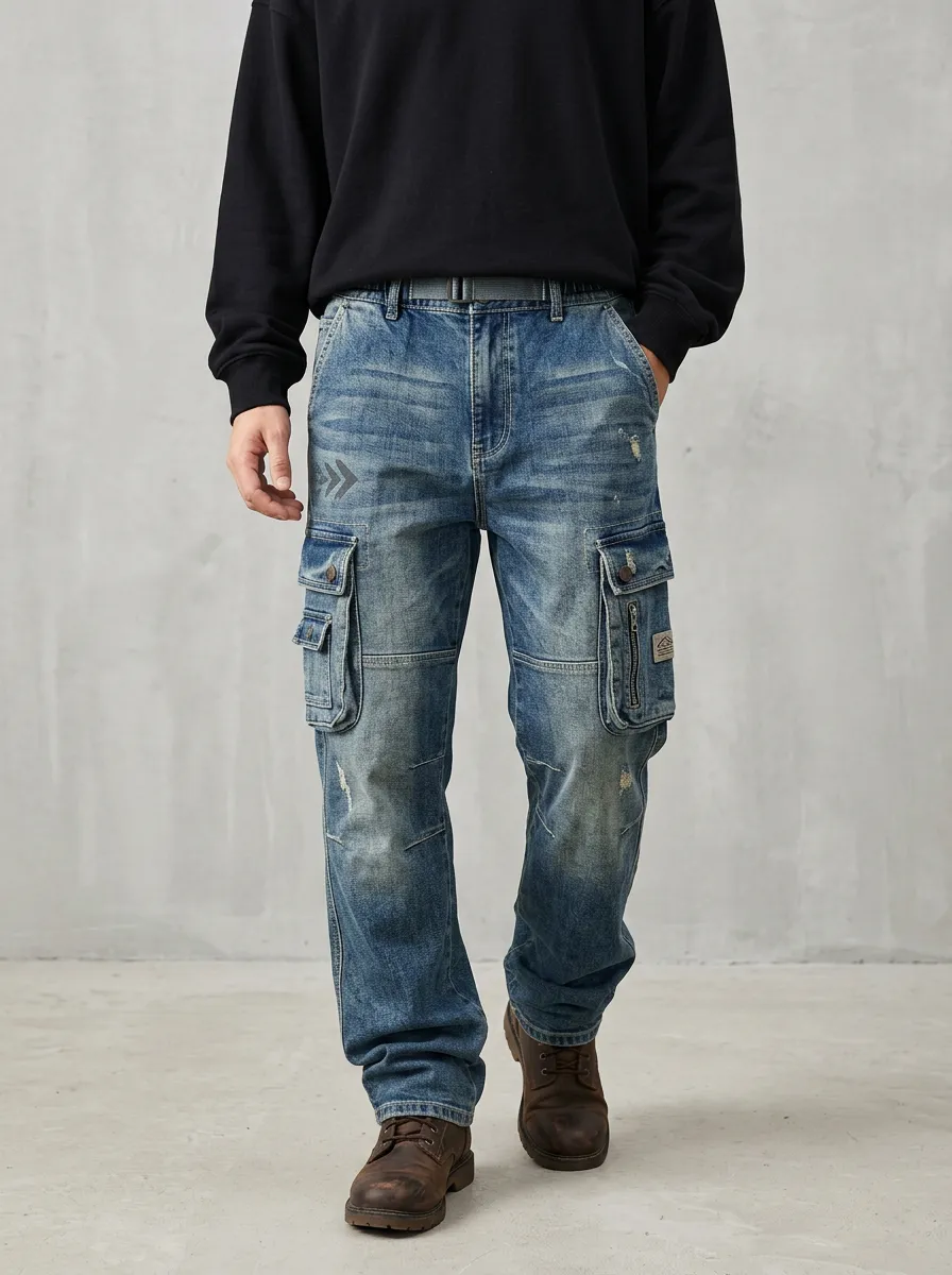 Men's Distressed Denim Arrow Printed Cargo Jeans
