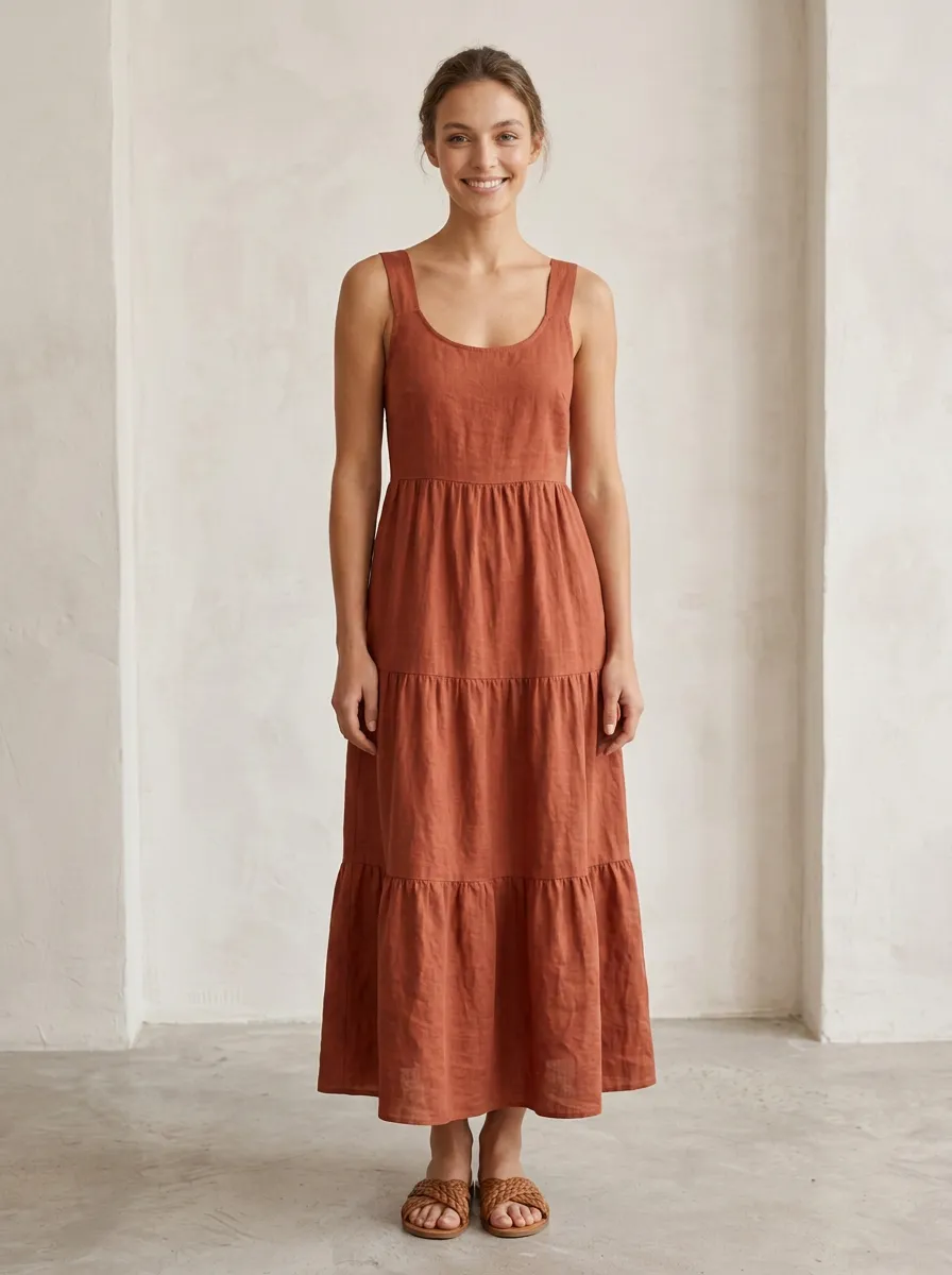 Women's Casual Tiered Lace-Up Linen Backless Dress