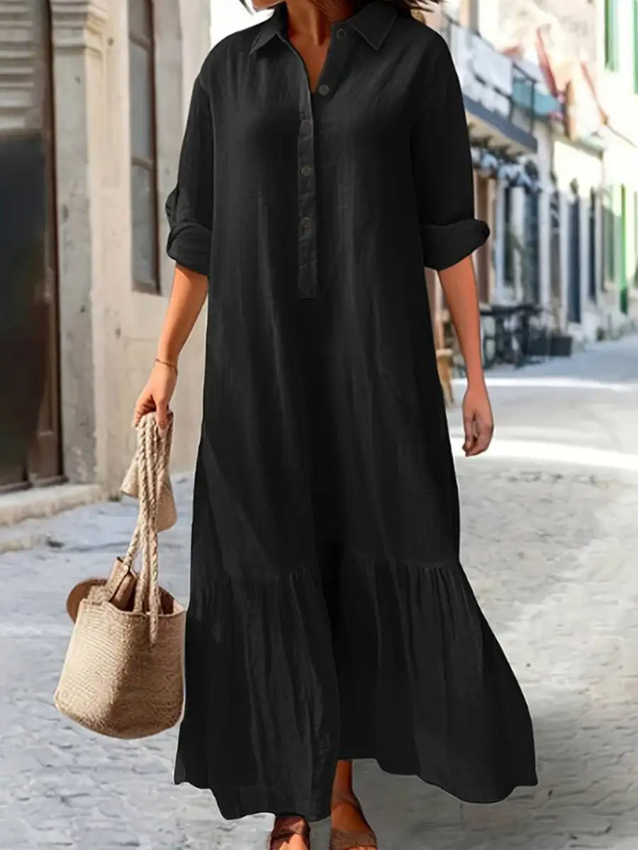 Sleeves Pleated Buttoned Long Maxi Dress