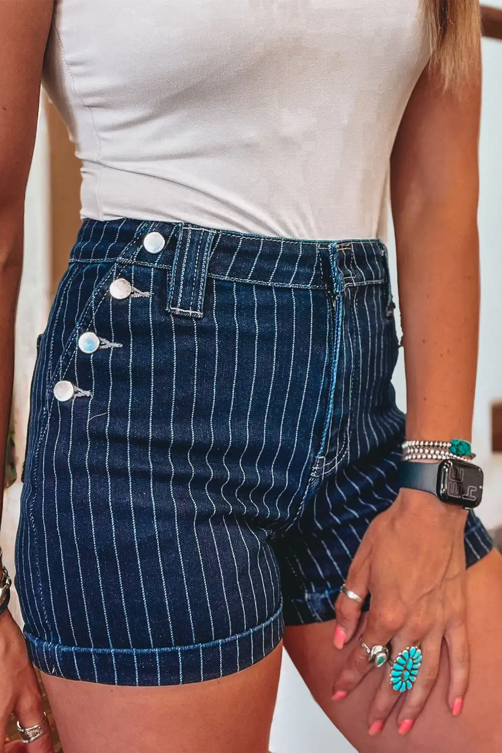 Stripe Metal Button Detail Denim Shorts