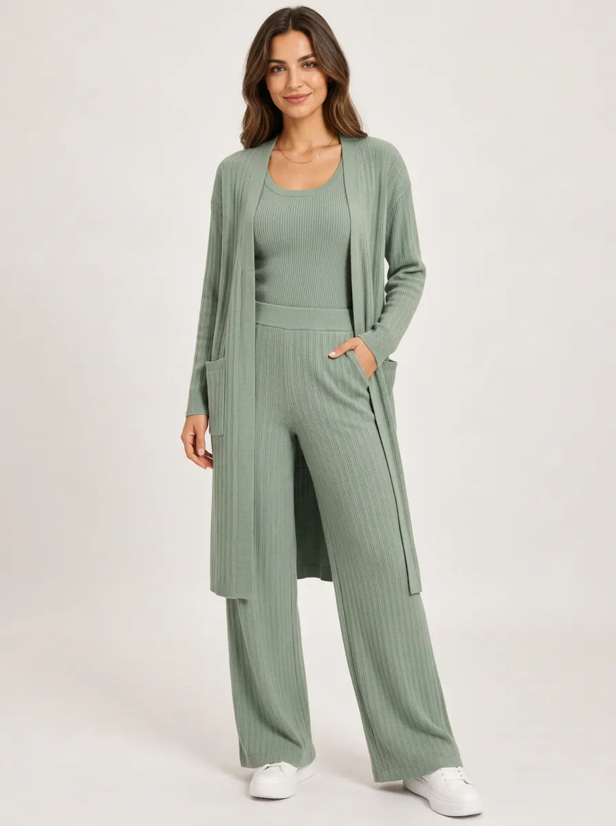 Women's Sage Green Ribbed Knit Cardigan, Tank and Wide Leg Pants Three Piece Set
