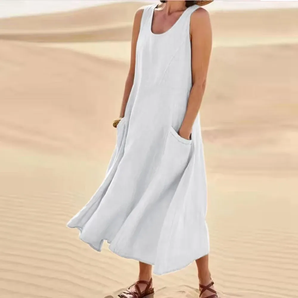 Sleeveless Linen Blend Cotton Blend Maxi Dress