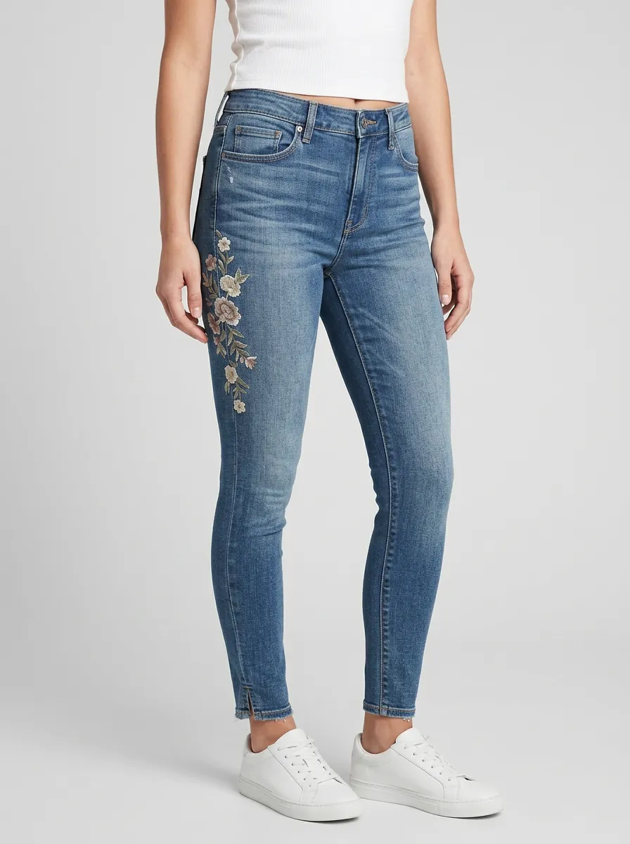 Women's Floral Vintage Flower Embroidered Printed Slim Jeans