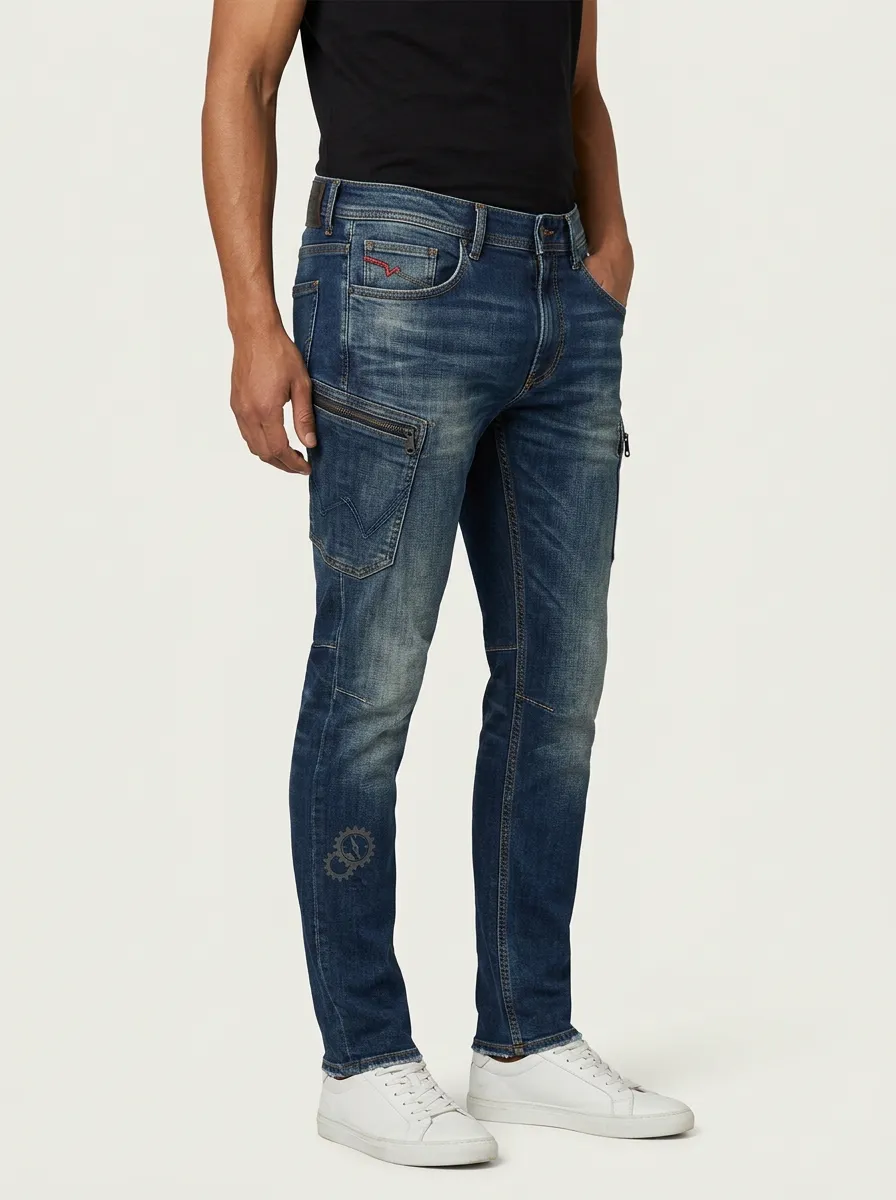 Men's Mid-Blue Steampunk Gear Slim Fit Jeans