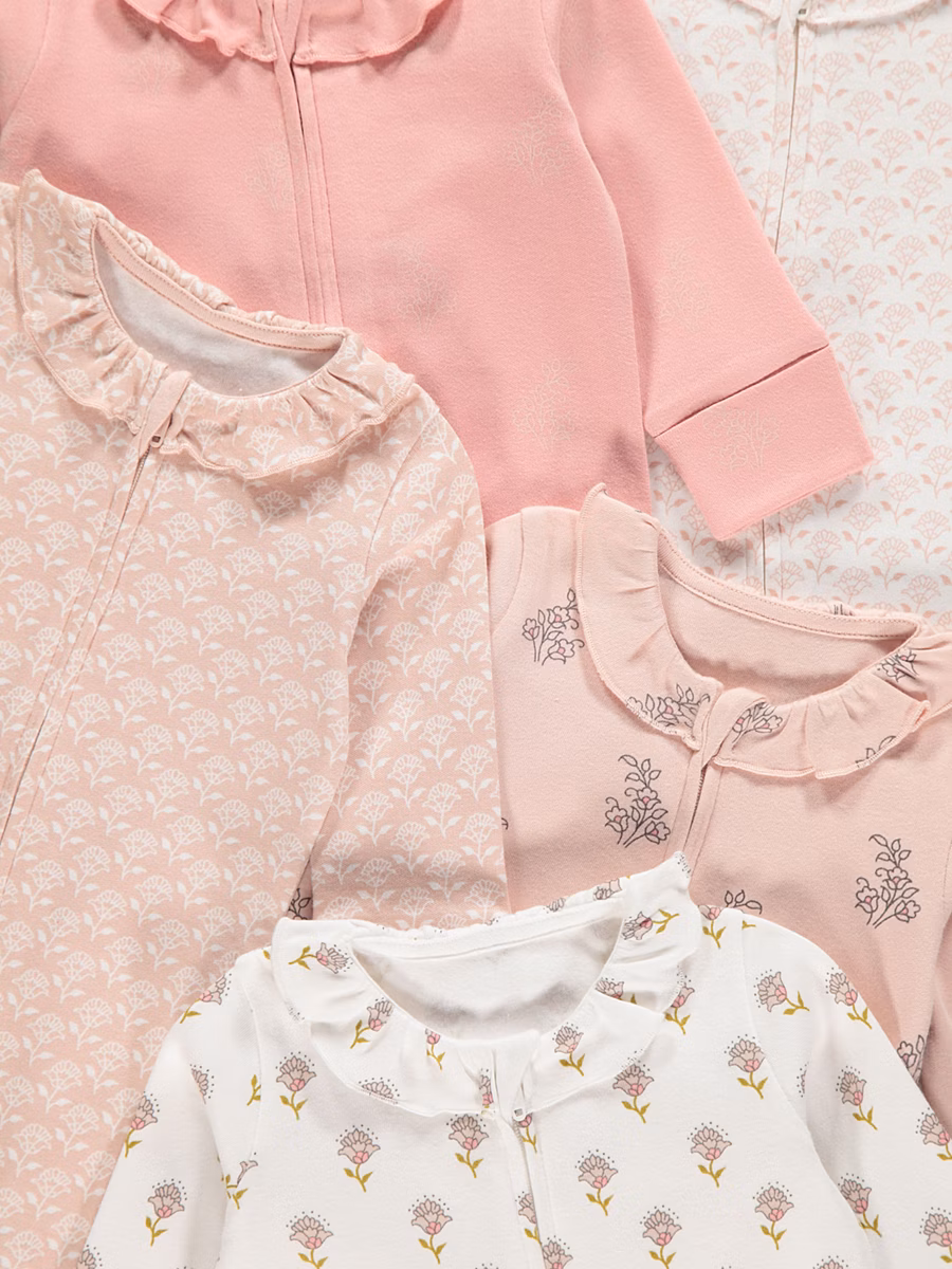 Pink Floral Zip Fasten Sleepsuits 5 Pack detail 1