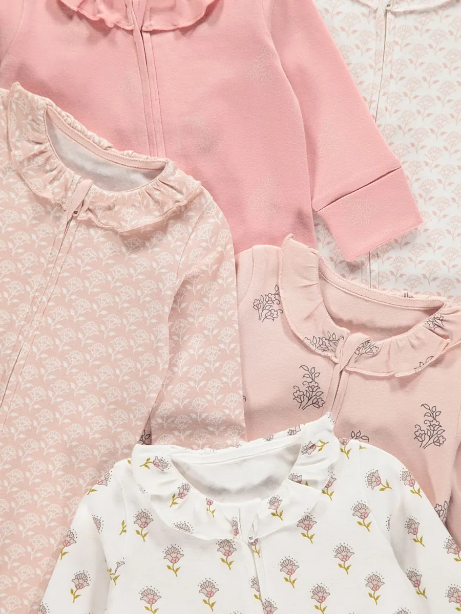 Pink Floral Zip Fasten Sleepsuits 5 Pack