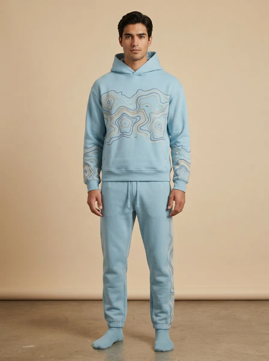 Men's Outdoor Adventure Topographic Printed Hoodie Sweatpants Set