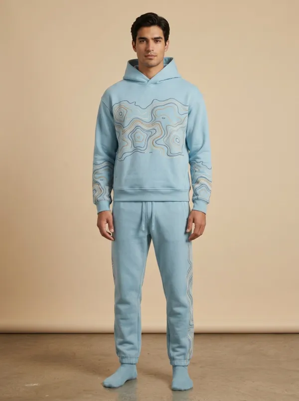 Men's Outdoor Adventure Topographic Printed Hoodie Sweatpants Set