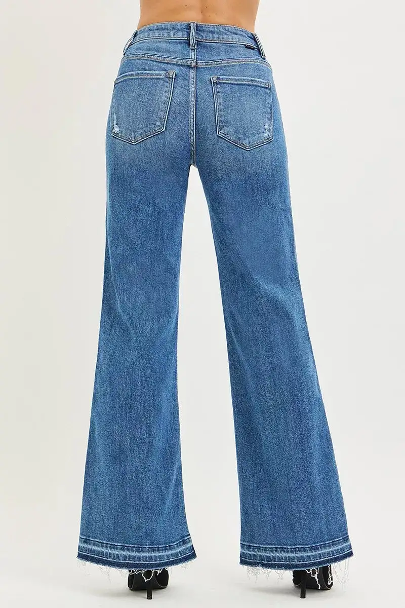 Denim High Rise Wide Leg Raw Hem Jeans