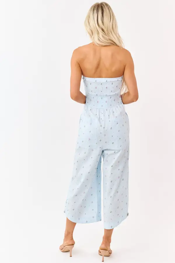 Pastel Cotton Floral Print Strapless Jumpsuit