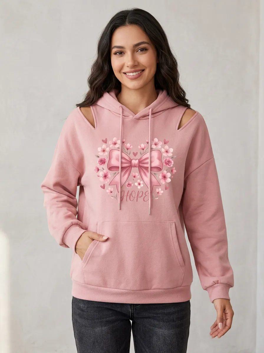 Women's Floral Hope Breast Cancer Awareness Cold Shoulder Hoodie