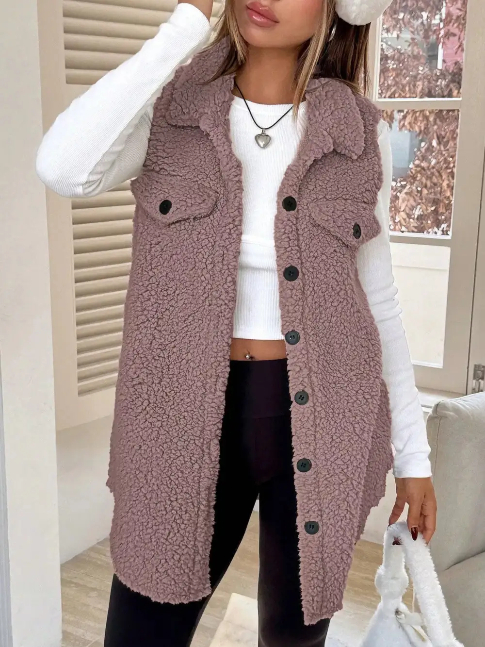 Button Down Sherpa Fleece Vest Coat