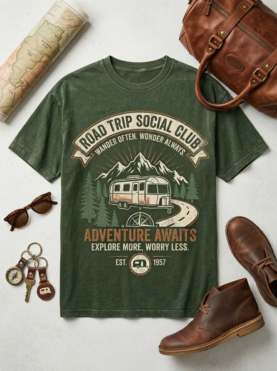 Unisex Road Trip Camper Mountain Printed T-shirt