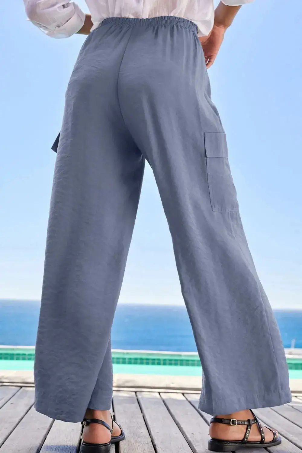 Drawstring Frilled Waist Wide Leg Utility Trousers