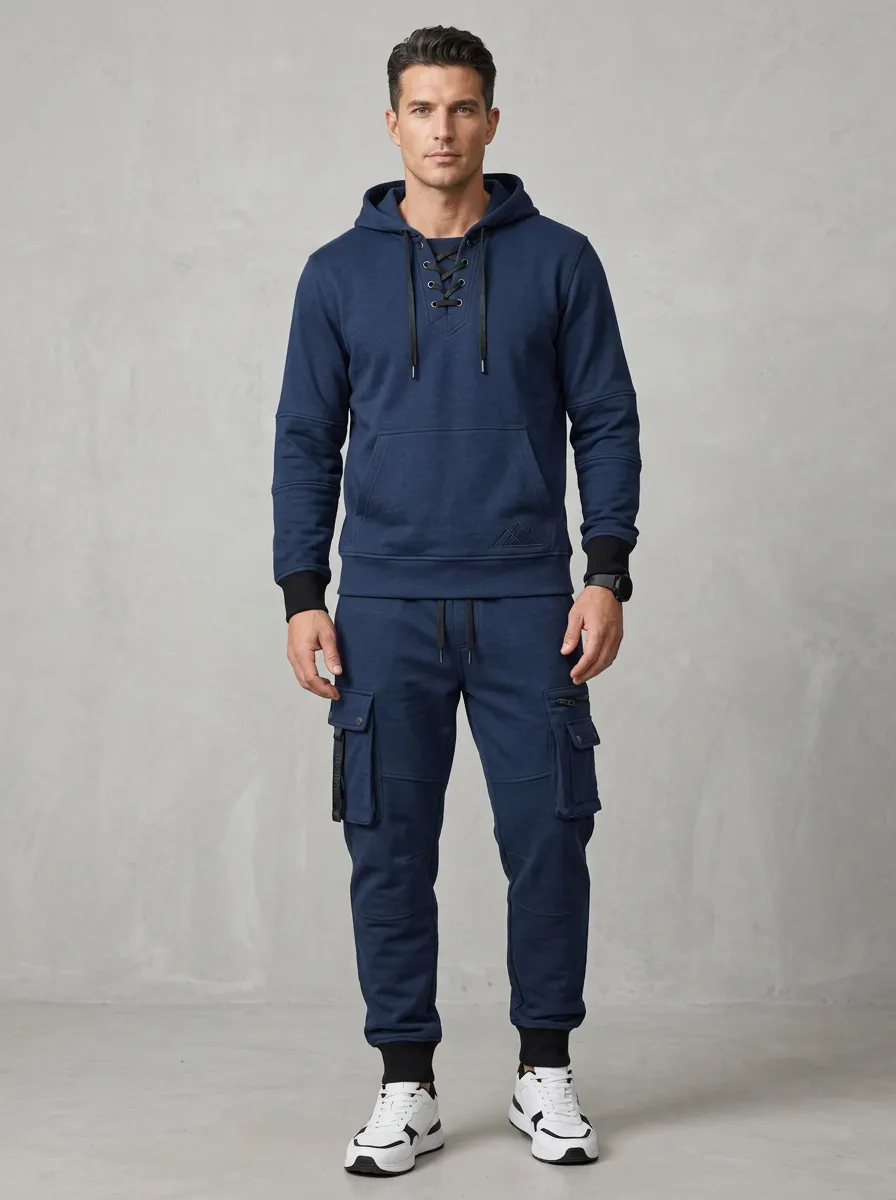 Functional Lace-Up Multi Pocket Active Look Men's Lace Up Hoodie And Cargo Jogger Set