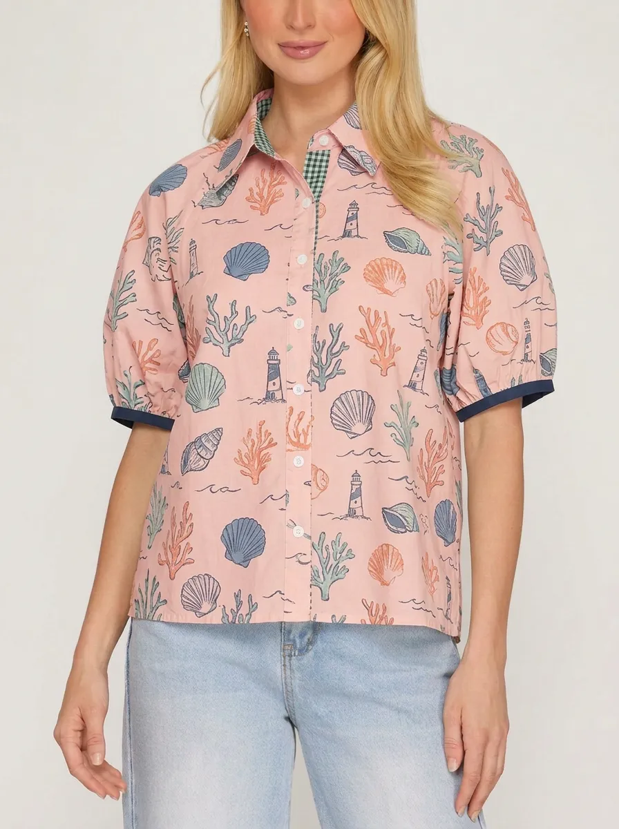 Women's Coastal Seashell Lighthouse Graphic Shirt