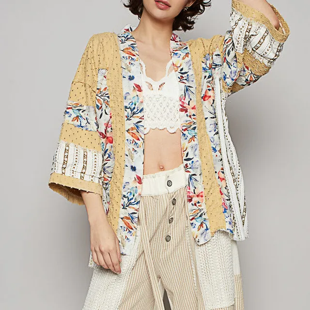 Open Front Floral Detail Dropped Shoulder Cardigan