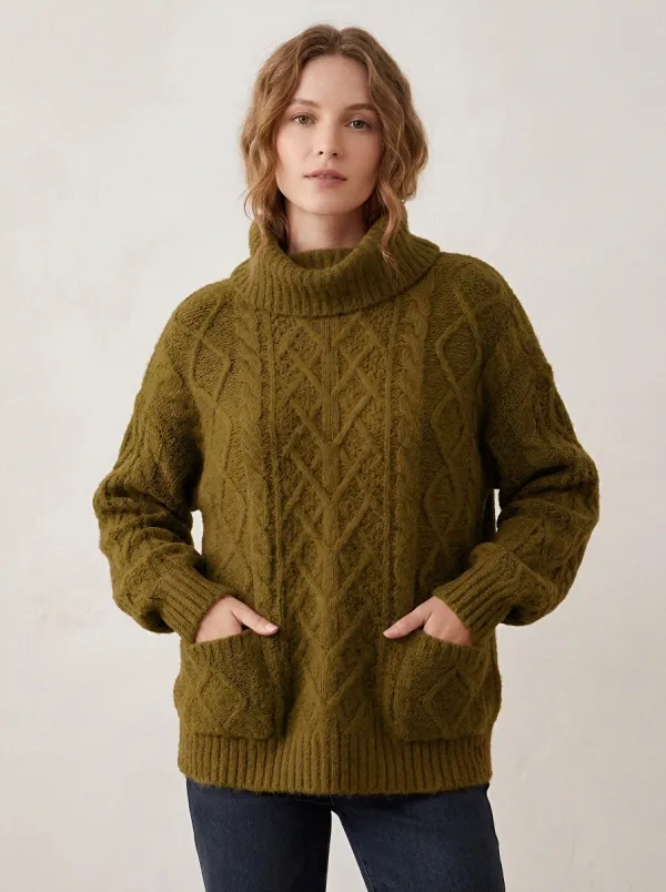 Women's Rust Cable Knit Patterned Pocketed Turtleneck Sweater