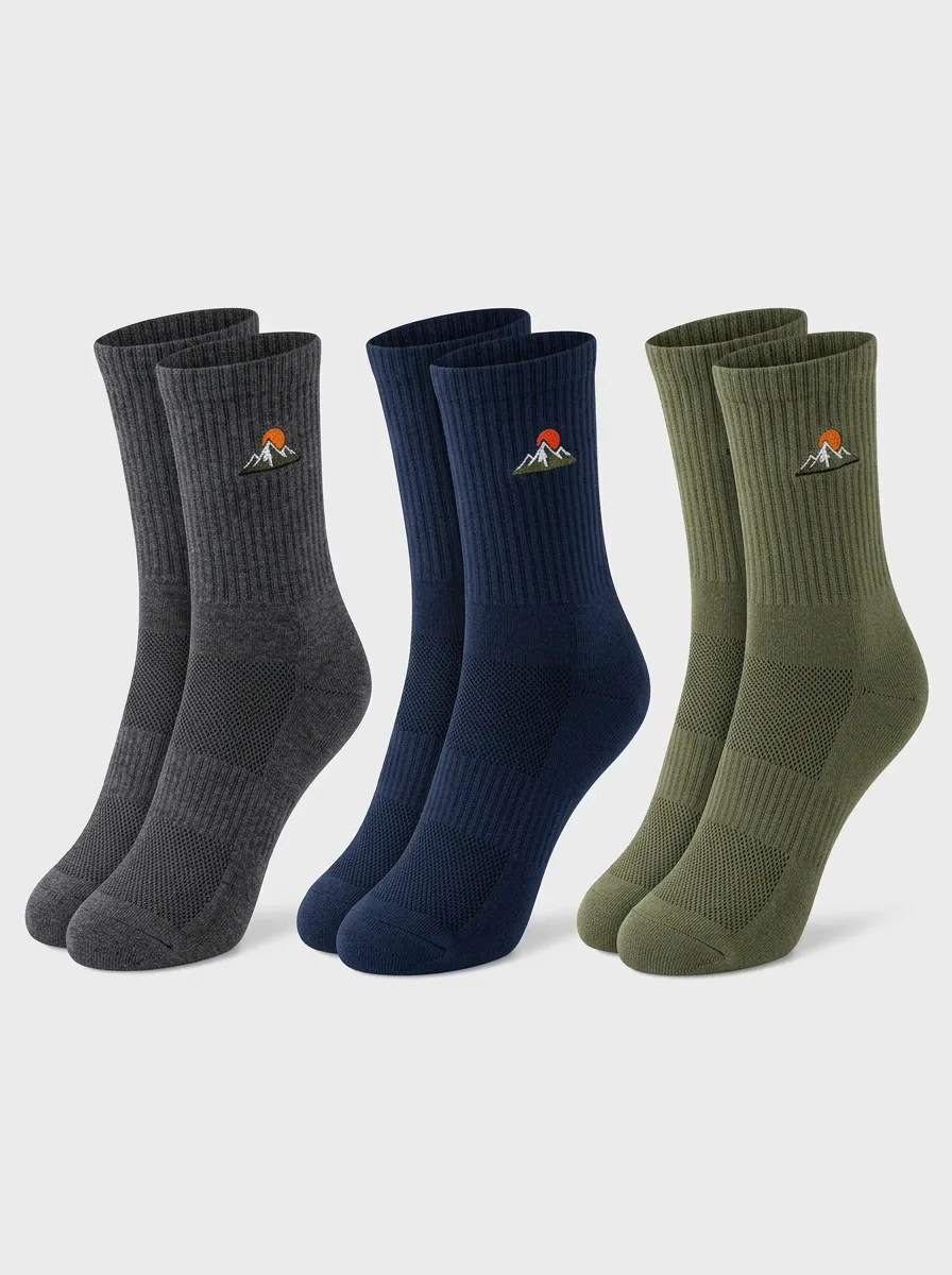 Men's Hiking Mountain Embroidered Crew Sock Set