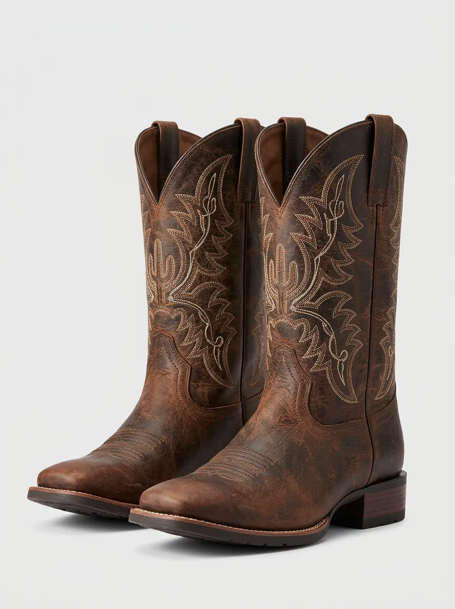 Unisex Western Tonal-Embroidery Square-Toe Mid-Calf Pull-Tab Vamp-Stitch Cowboy Boots