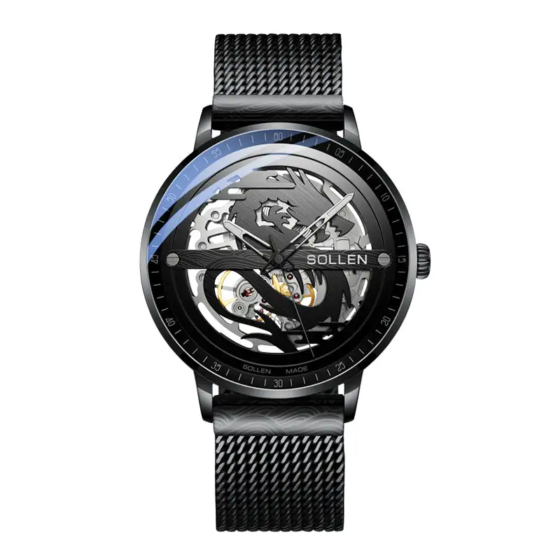 Sollen SL317 Men's Skeleton Dragon Automatic Mechanical Watch - 42mm Stainless Steel Case Slim 9.9mm Open Heart Mesh Bracelet Wristwatch