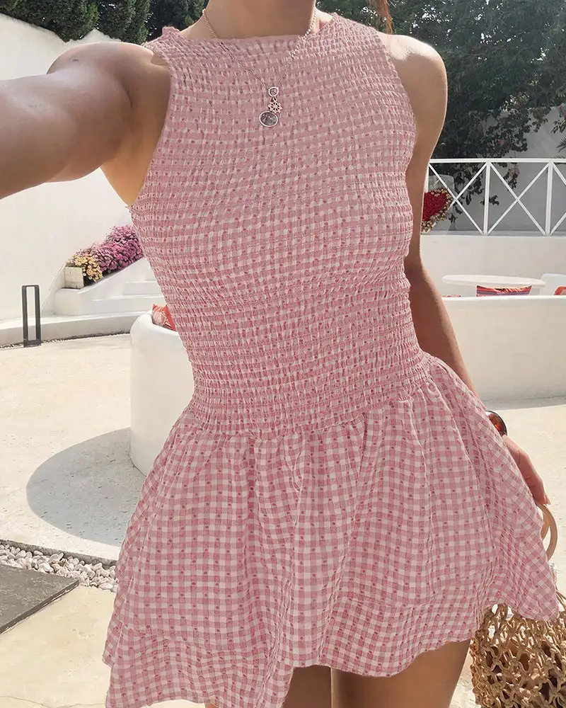 Smocked Gingham Sleeveless Ruffle Mini Dress