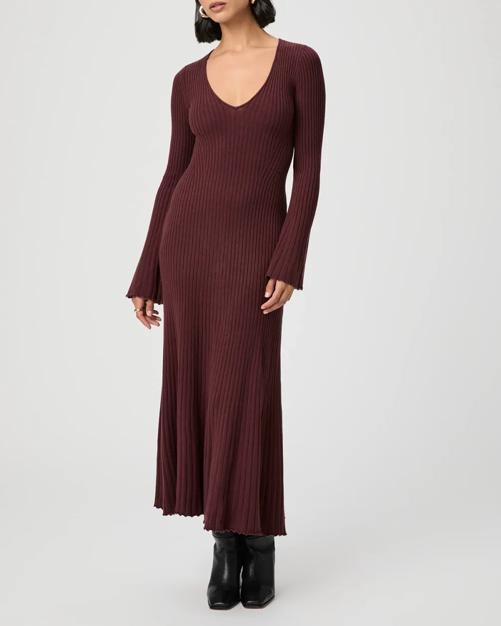 Burgundy Ribbed Long Sleeve Maxi Dress