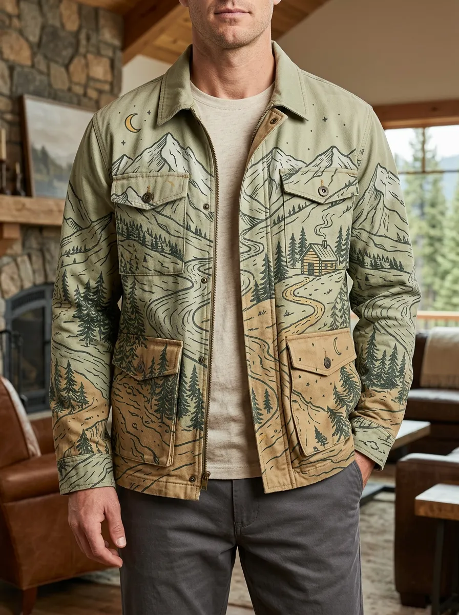 Men's Nature Mountain Cabin Landscape Rugged Vista Jacket