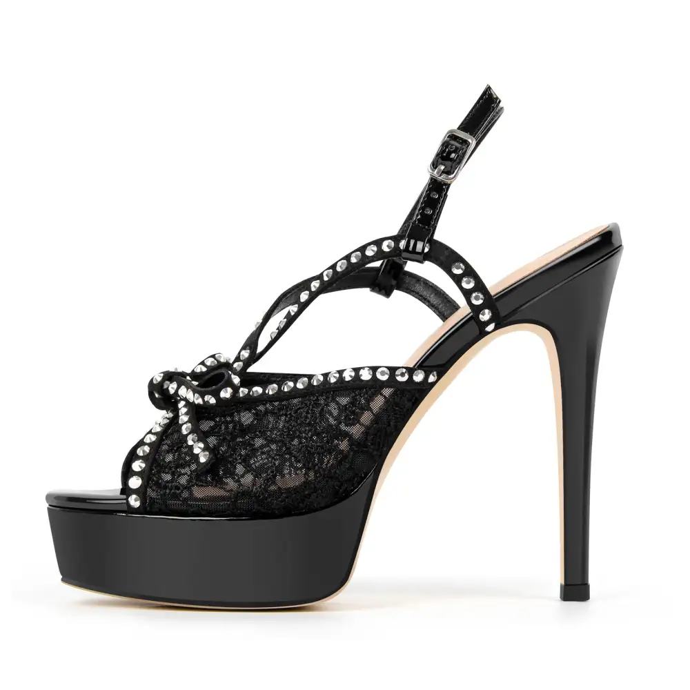 Platform Lace Mesh Rivet Strap Slingback Sandals