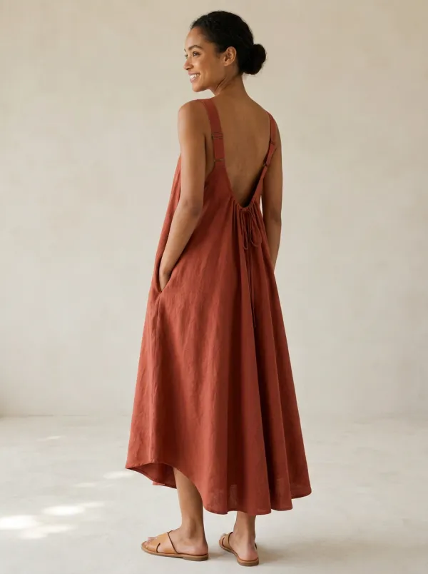Women's Refined Casual Linen Midi Backless Dress