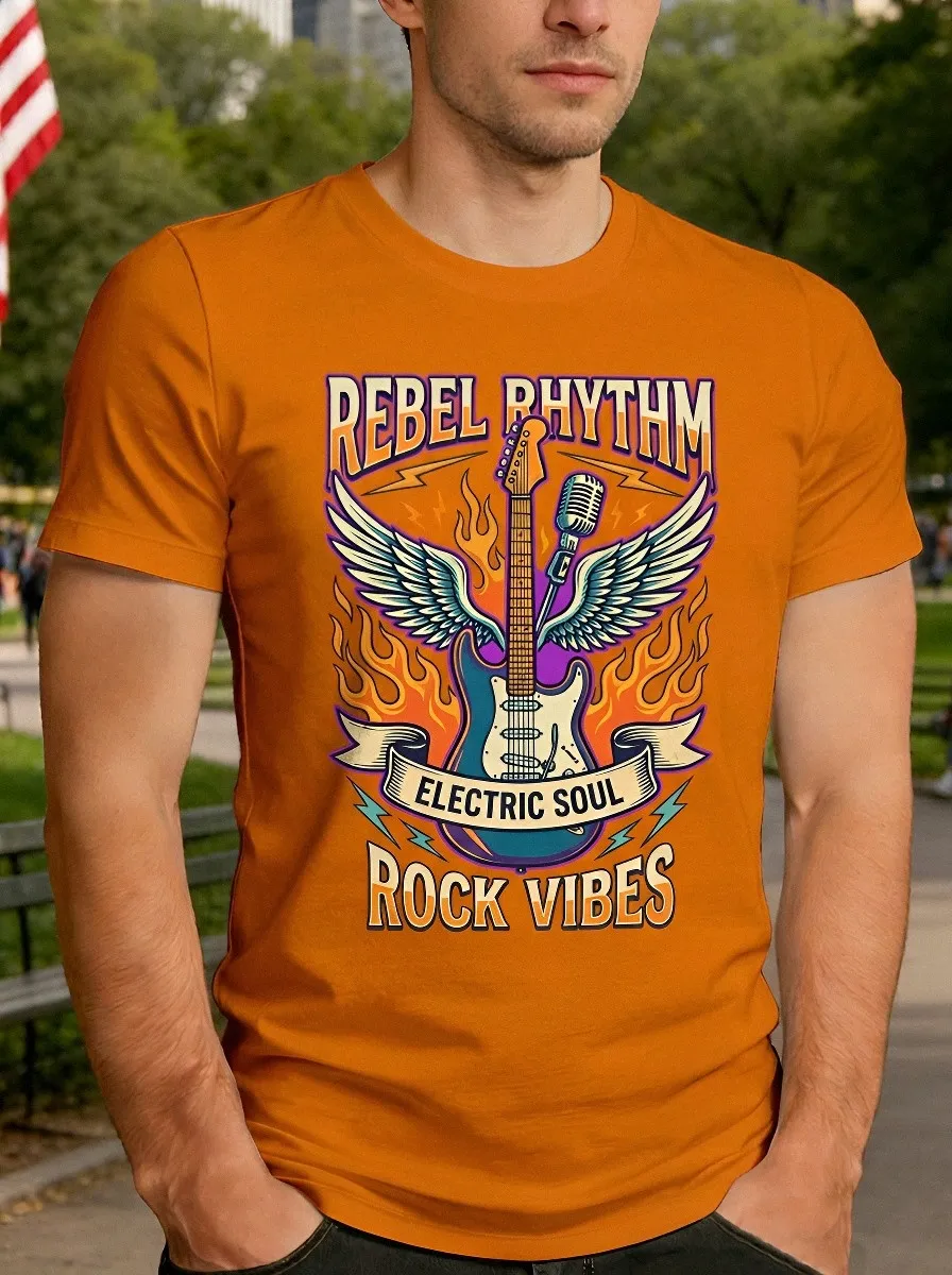 Men's Rock Music Lover Electric Guitar Wings Printed T-shirt