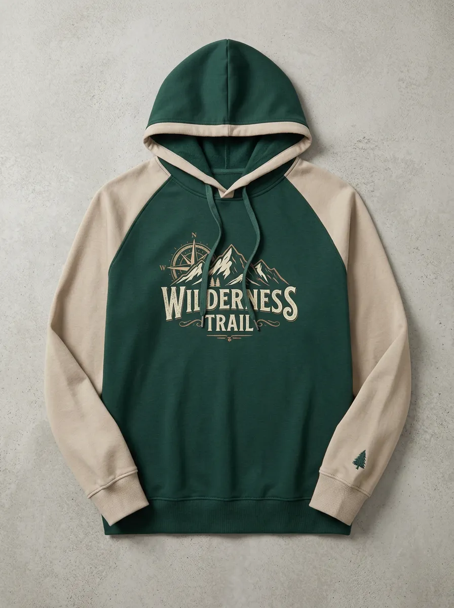Men's Wilderness Trail Mountain Compass Graphic Raglan Colorblock Pullover Hoodie