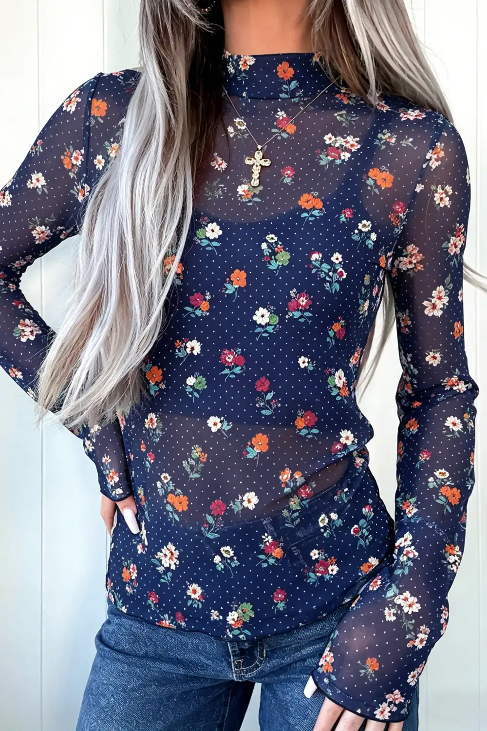 Polka Dot Mesh Long Sleeve Top