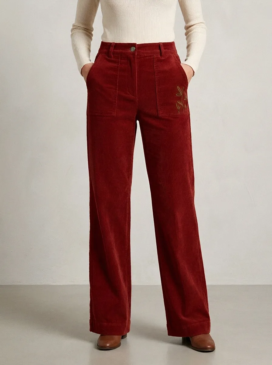 Women's Botanical Minimalist Floral Embroidered Corduroy Pants