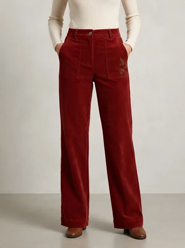Women's Botanical Minimalist Floral Embroidered Corduroy Pants