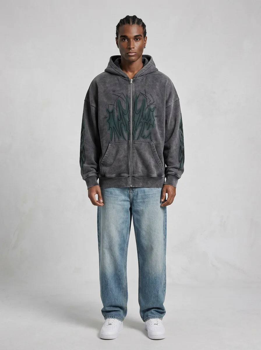 Men's Streetwear Gothic Tribal Graphic Printed Zip-up Hoodie