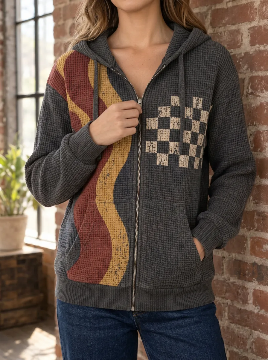 Women's Retro Wavy Checkered Pattern Printed Waffle Zip Hoodie