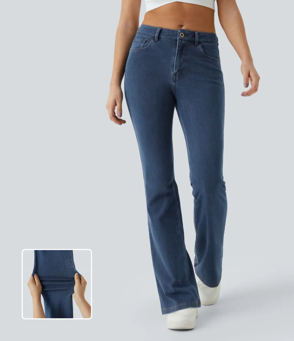 Magic Mid Rise Button Pockets Stretchy Knit Casual Bootcut Jeans