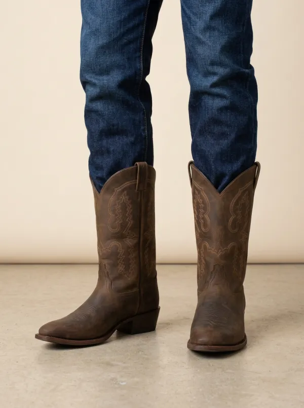 Men's Western Cowboy Brown Leather Stitched Pattern Cowboy Boots