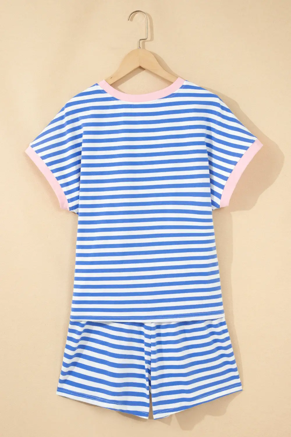 Women's Contrast Trim Crew Neck Tee Knot Shorts Two Piece Set