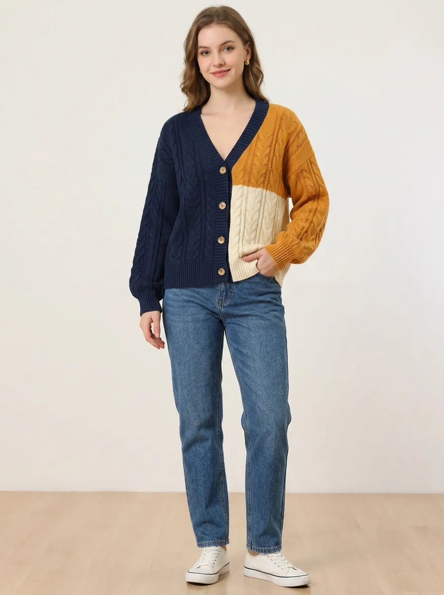 Women's Colorblock Cable Knit V-Neck Cardigan V-Neck