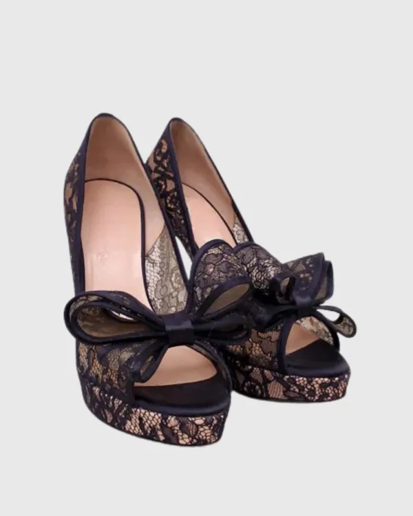 Lace Bow Peep Toe Platform Pumps