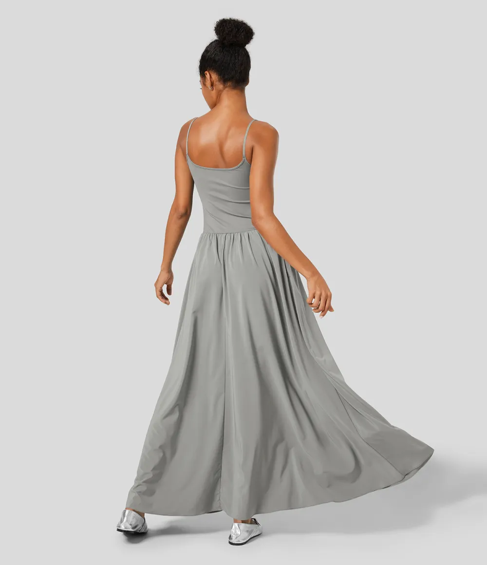 Breezeful Backless Side Pocket Plicated Flowy Flare Maxi Quick Dry Casual Slip Dress