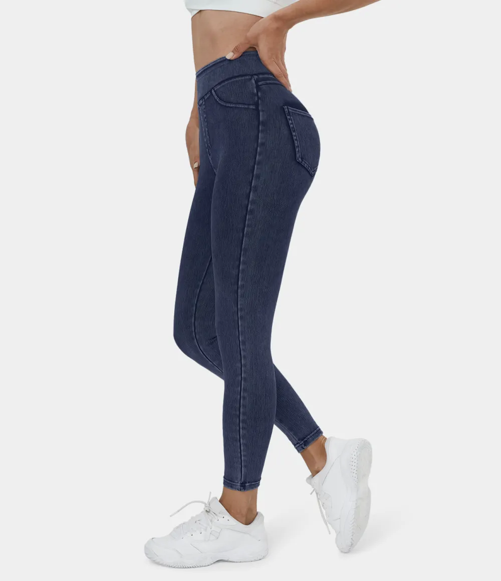 Magic High Waisted Back Side Pocket Stretchy Knit Denim Casual Leggings