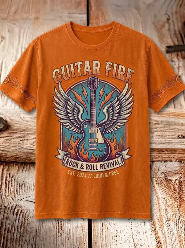 Unisex Rock Music Lover Winged Guitar Fire Printed T-shirt