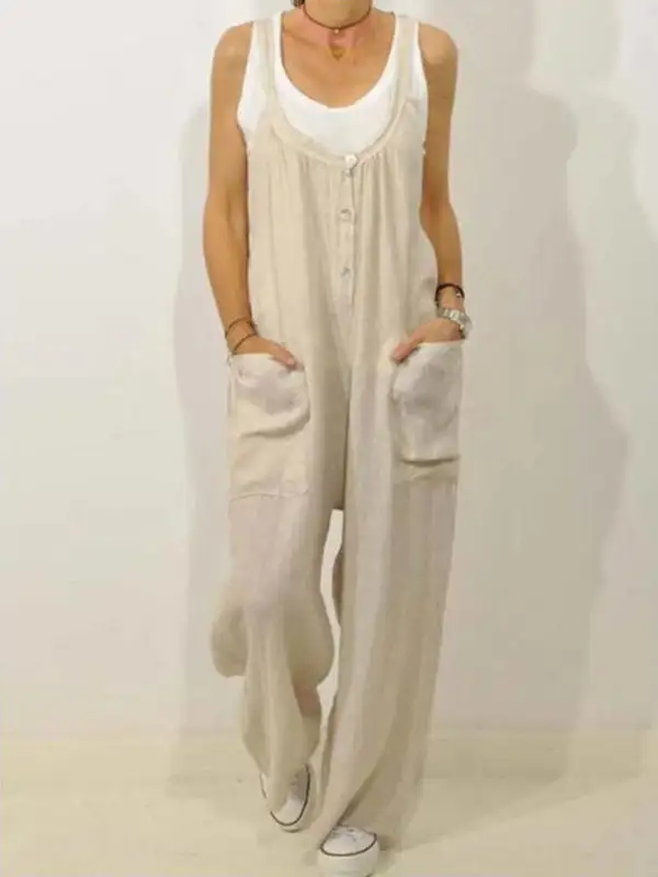 Cotton Linen Overall Pocket Elastic Band Jumpsuit